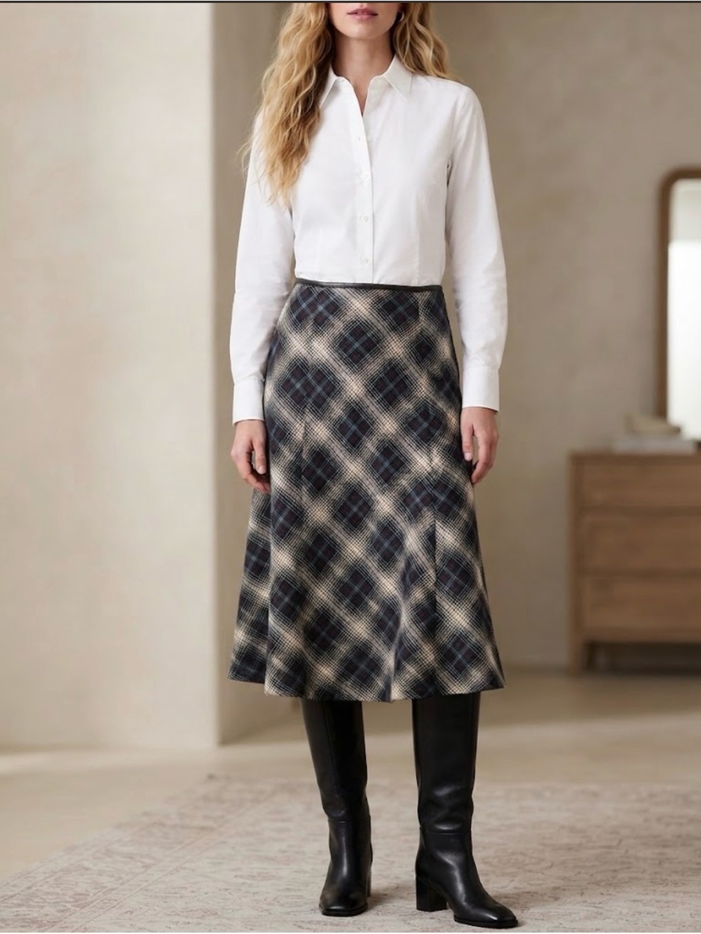 Mexx Plaid 3/4 length Skirt in Black, Cream, and Burgundy